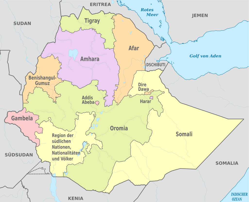 Di TUBS - Opera propria Questa grafica vettoriale non specificata secondo il W3C è stata creata con Adobe Illustrator. Questo flusso è stato trasferito da Commonist. Questa immagine vettoriale include elementi che sono stati presi o adattati da questa: Southern Nations, Nationalities, and People's Region in Ethiopia.svg (di TUBS)., CC BY-SA 3.0, https://commons.wikimedia.org/w/index.php?curid=22405947